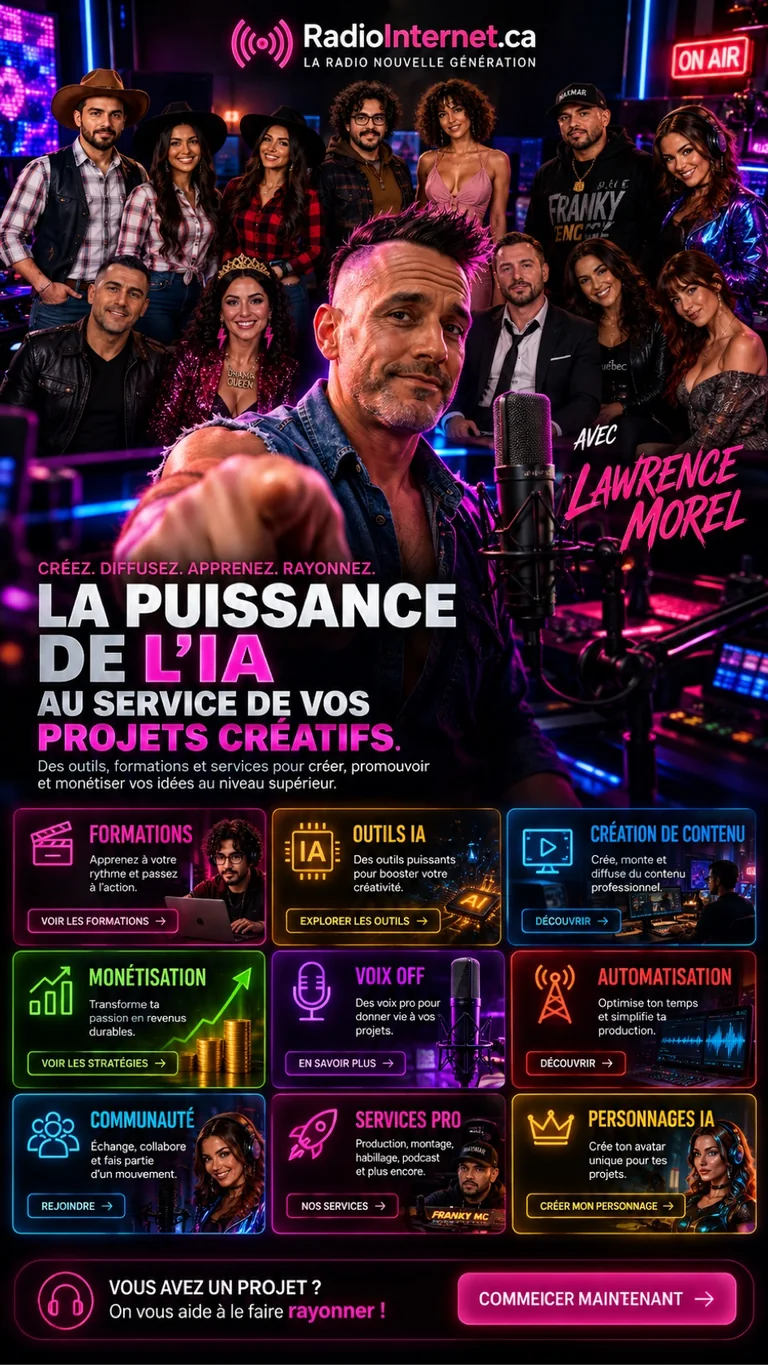 Affiche promotionnelle RadioInternet.ca — La puissance de l’IA au service de vos projets créatifs, avec Lawrence Morel. Illustration numérique stylisée.