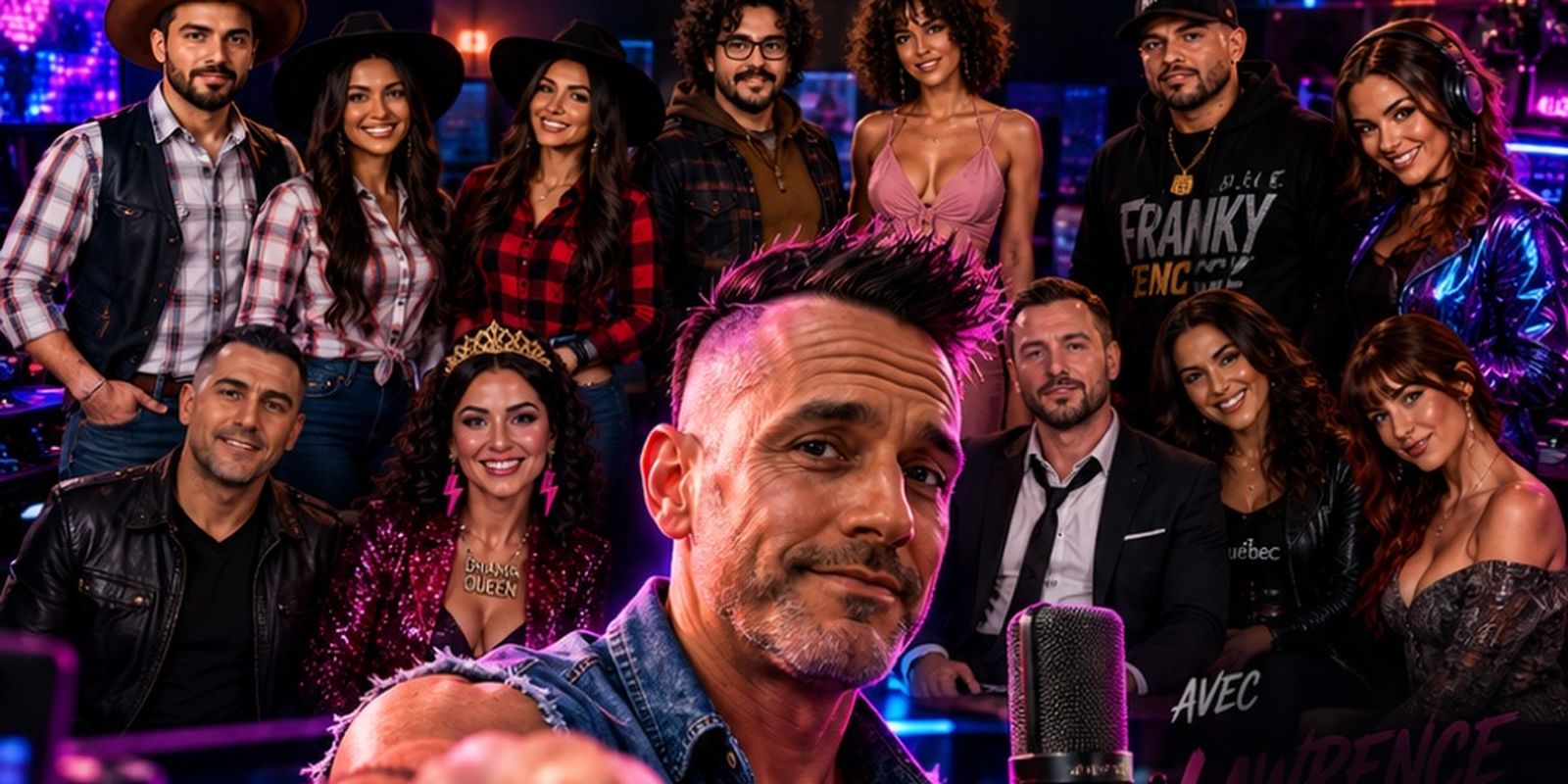Lawrence Morel at the microphone, surrounded by his entourage in the studio — group photo from his “The power of AI” poster