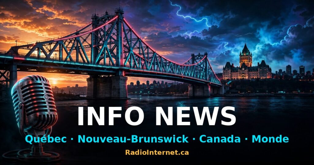 Le pont de Québec illuminé au lever du jour, avec le Château Frontenac et un microphone de radio — Info News, RadioInternet.ca