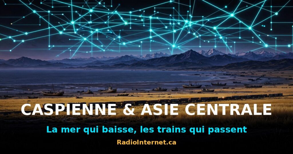 Une mer qui recule avec des bateaux échoués, un train de marchandises dans la steppe et des montagnes au loin — Caspienne et Asie centrale, RadioInternet.ca