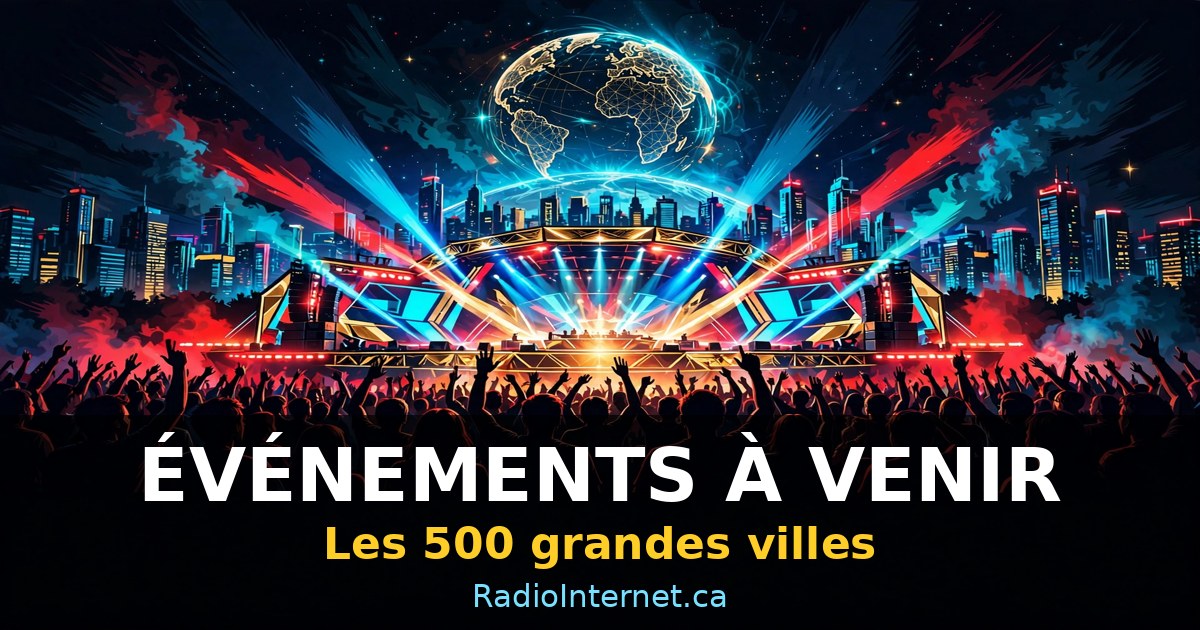 Une scène de festival la nuit devant une foule, un globe terrestre lumineux et une ville en arrière-plan — Événements à venir, les 500 grandes villes, RadioInternet.ca