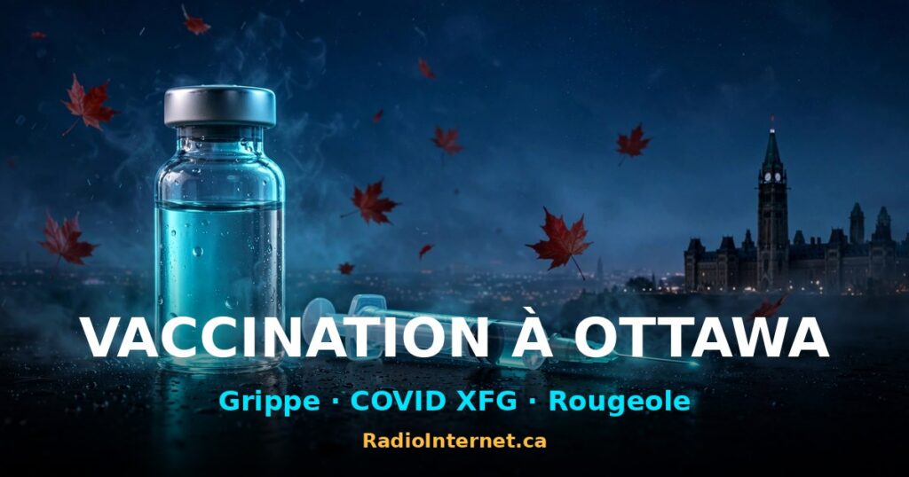Un flacon de vaccin et une seringue devant la silhouette du Parlement d'Ottawa, avec des feuilles d'érable — Vaccination à Ottawa, RadioInternet.ca