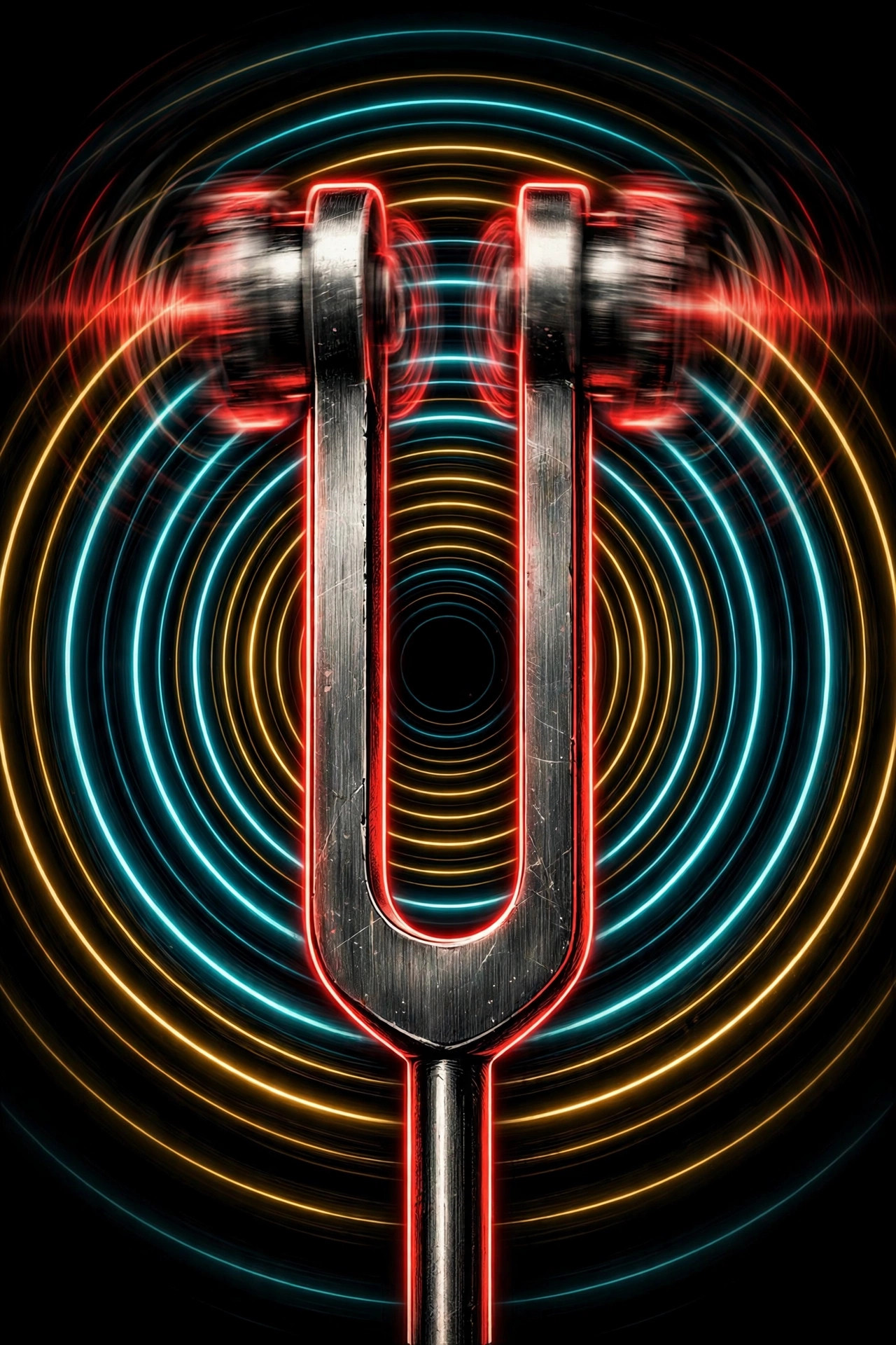 Un diapason en métal qui vibre, entouré d'anneaux d'ondes sonores néon cyan et doré sur fond noir.