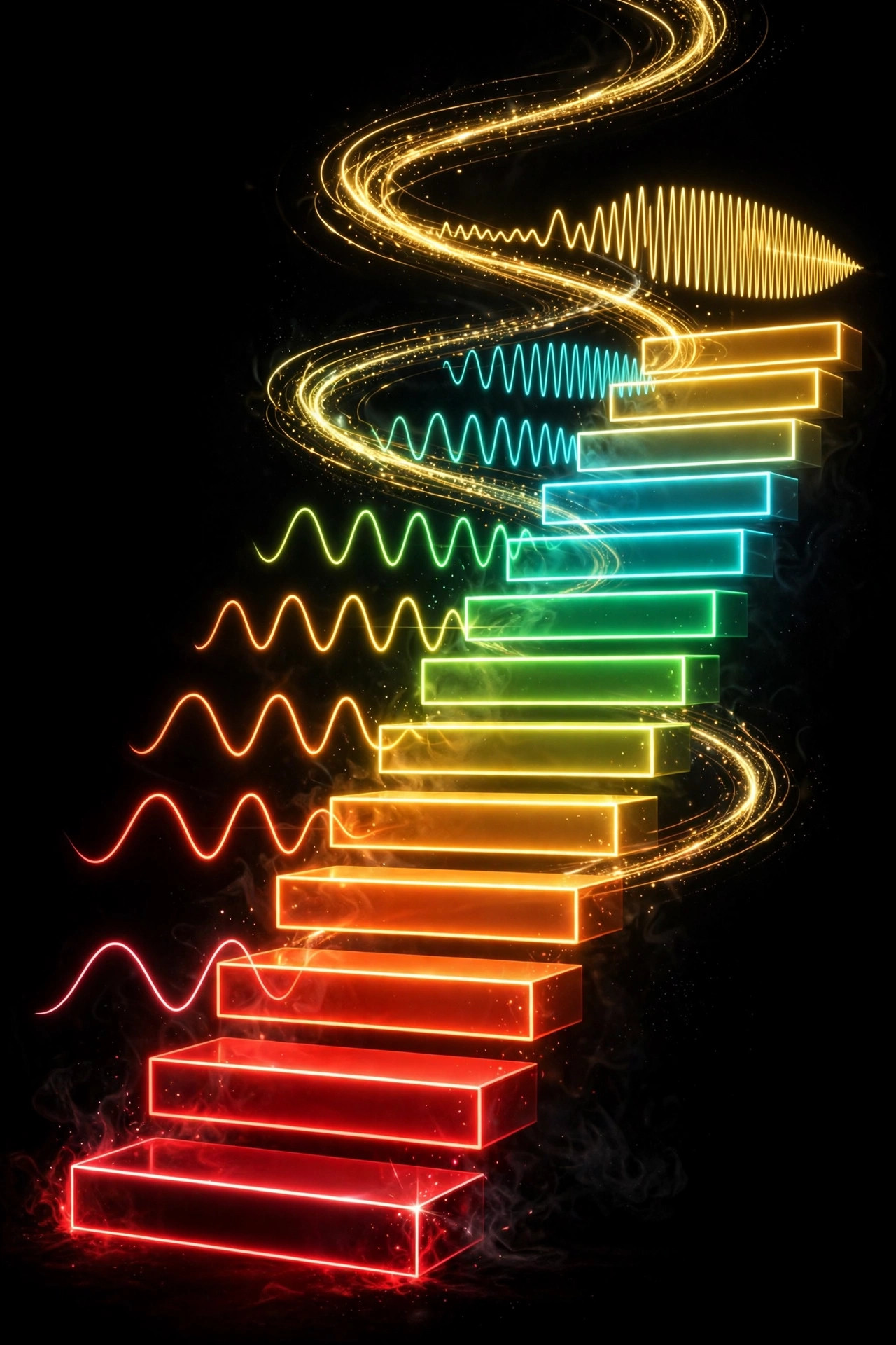 Un escalier lumineux de neuf marches néon, du rouge au doré, symbolisant l'échelle des neuf fréquences solfeggio, chacune surmontée d'une onde sonore.