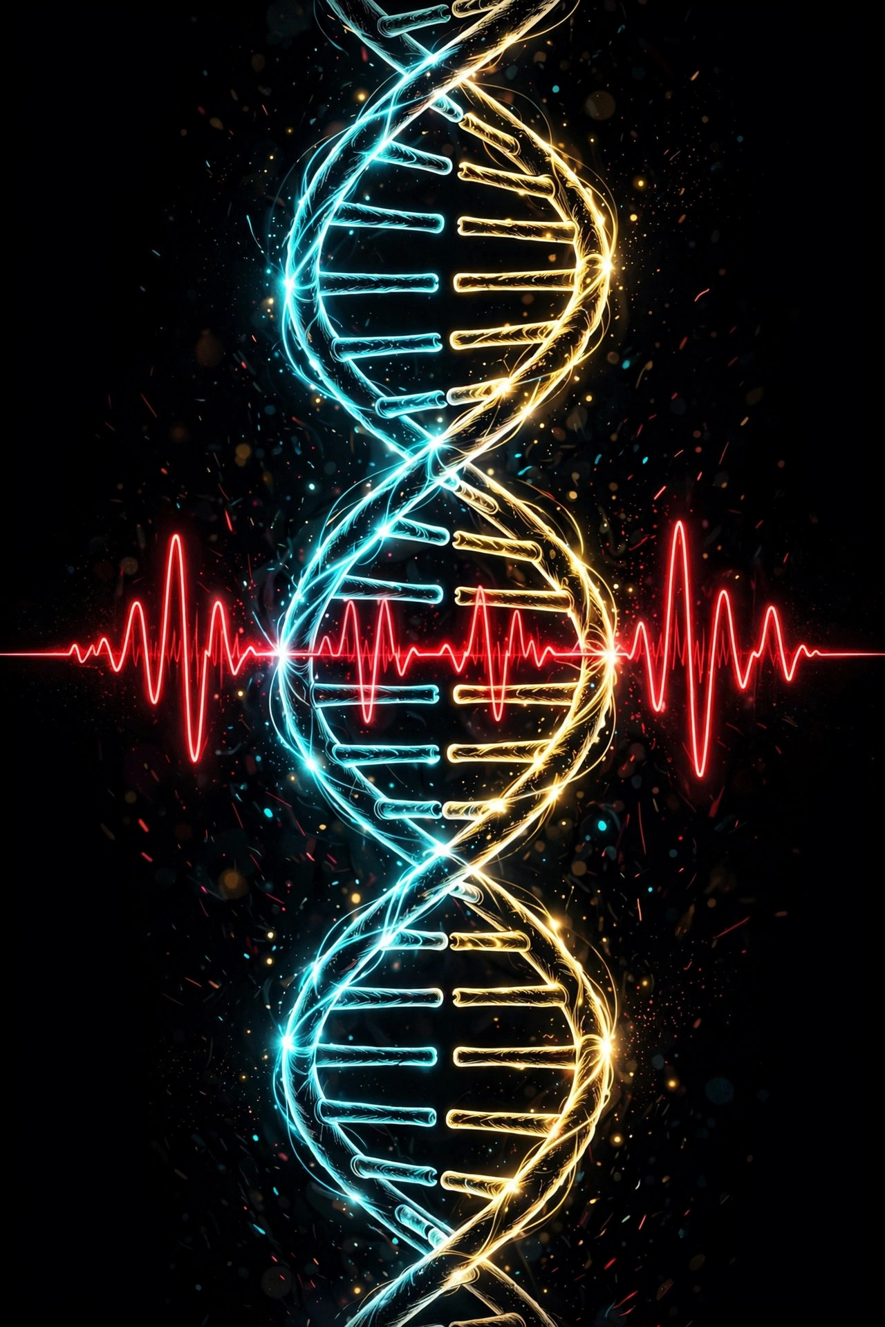 Illustration stylisée d'une double hélice d'ADN en néon cyan et doré, traversée par une onde sonore rouge — illustration du mythe du 528 Hz, pas une affirmation scientifique.