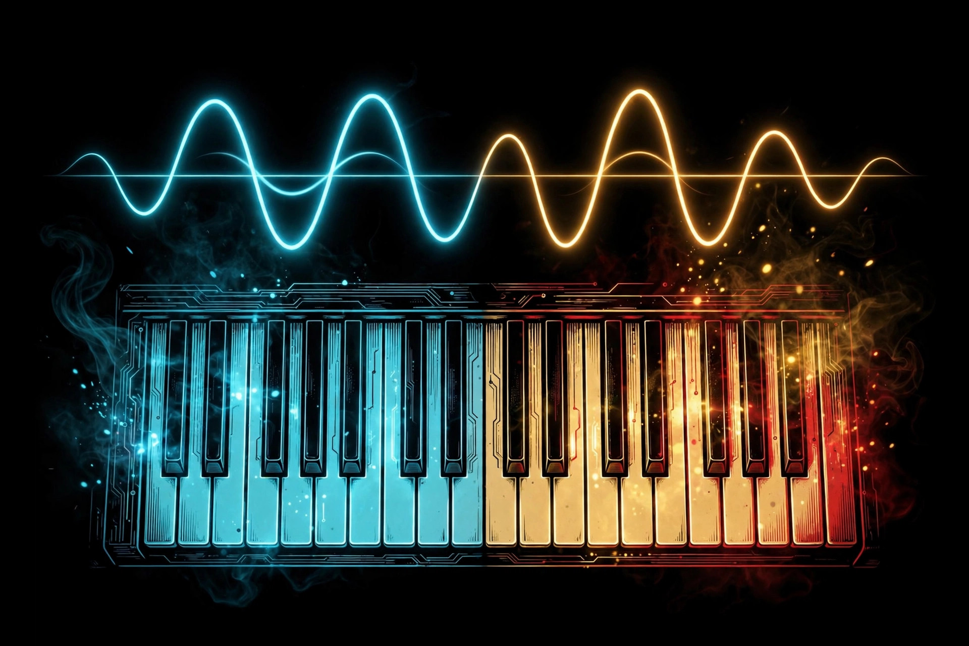Un clavier de piano vu d'en haut, partagé entre une lumière néon cyan froide et une lumière néon rouge et dorée chaude, pour les accordages 440 et 432 Hz.