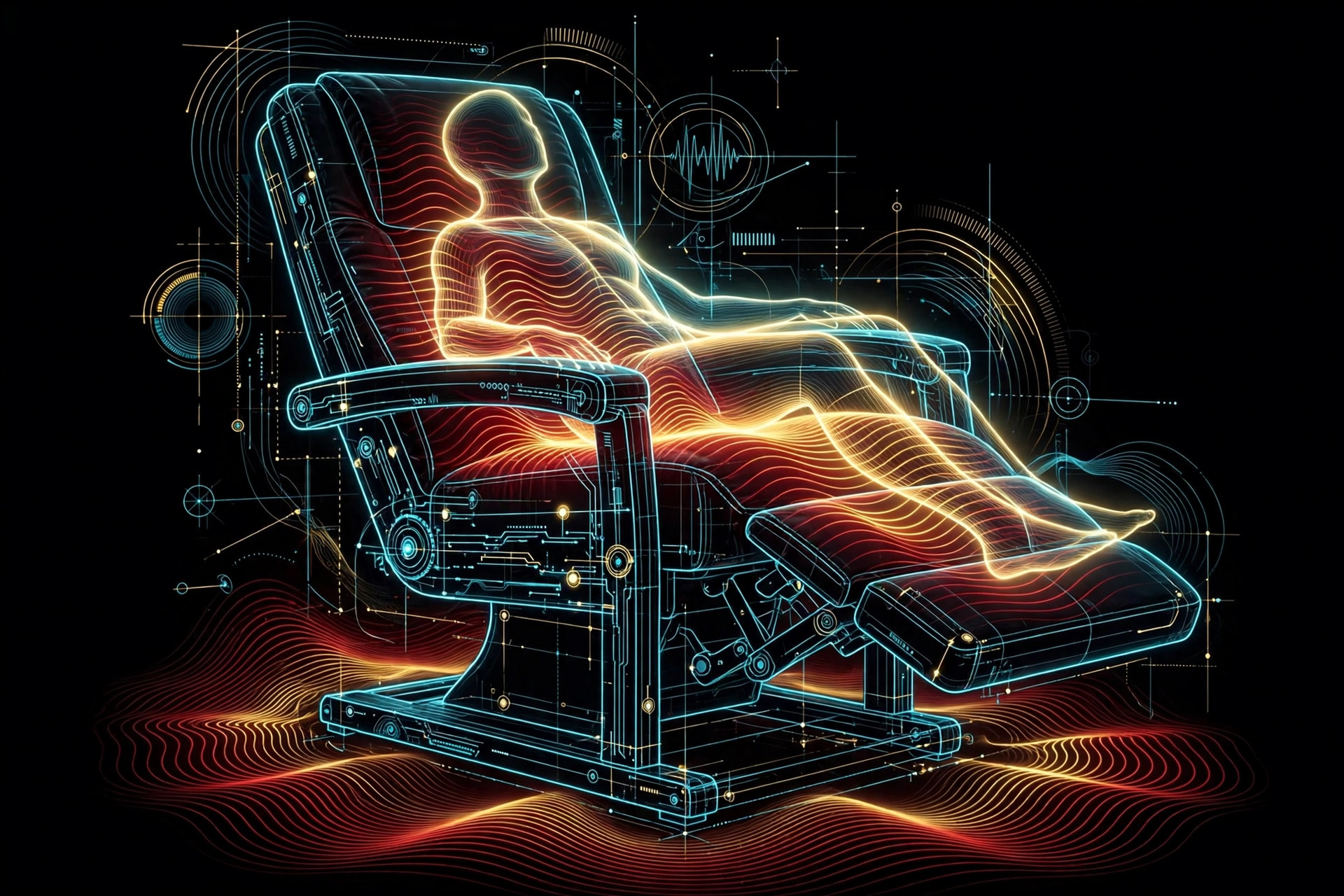 Schéma lumineux d'un fauteuil de thérapie vibroacoustique traversé par des ondes basses rouges et dorées, sur fond noir.