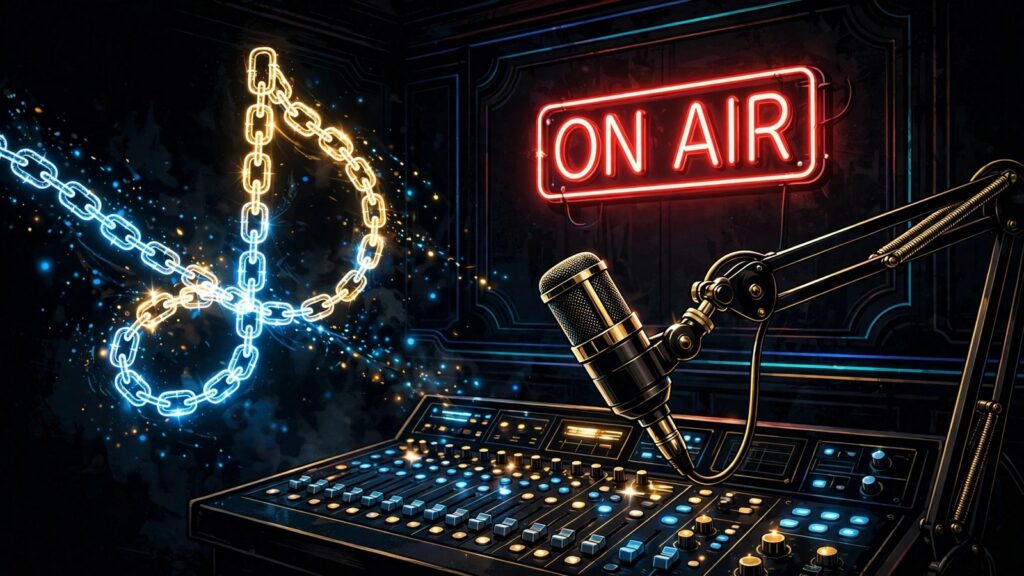 Studio de radio la nuit : un microphone de diffusion devant une console de mixage aux boutons lumineux, une enseigne néon rouge « ON AIR », et un lien lumineux bleu et doré en forme de note de musique qui entre dans le studio — aucune marque, aucune interface.