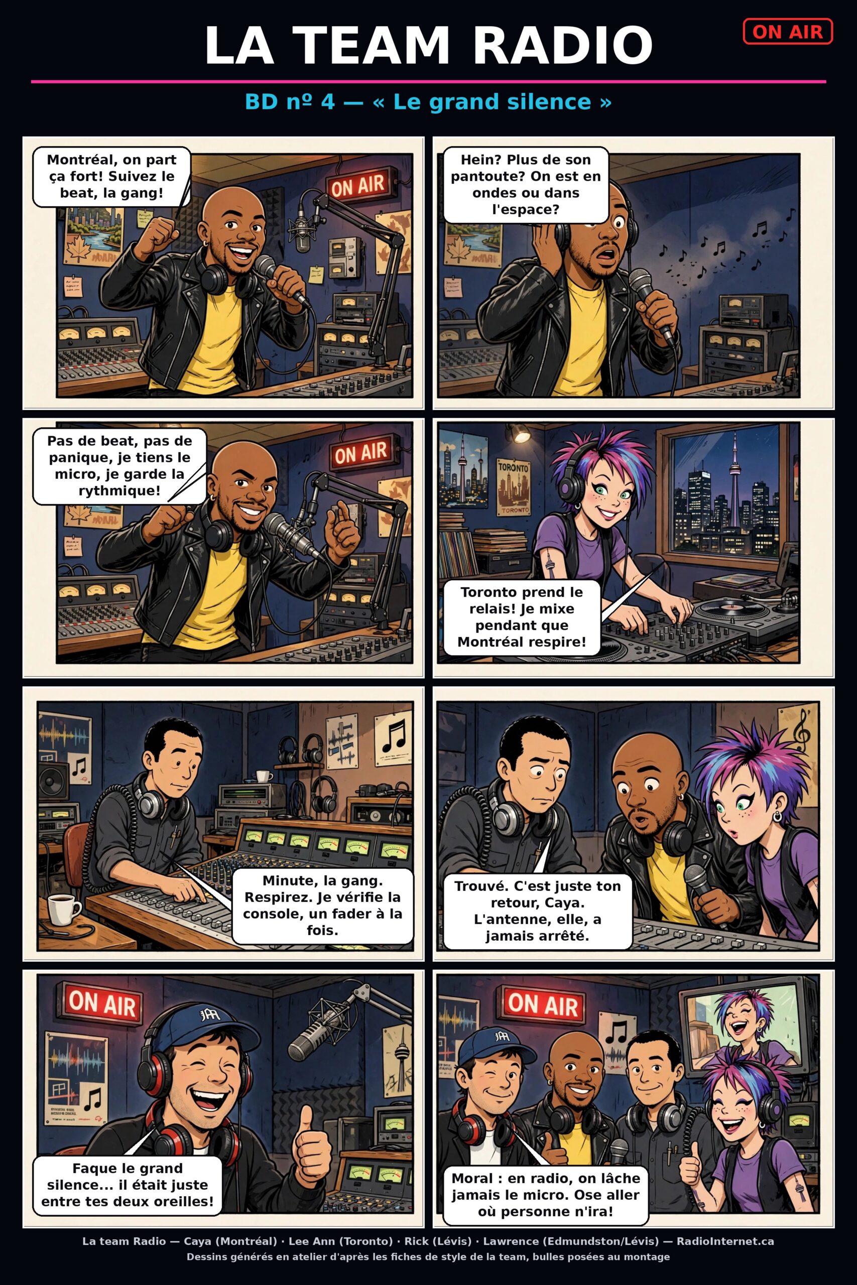 Bande dessinée La team Radio, épisode 4, Le grand silence : Caya perd le son dans son casque, Lee Ann prend le relais à Toronto, Rick trouve le bouton du retour et Lawrence rit.