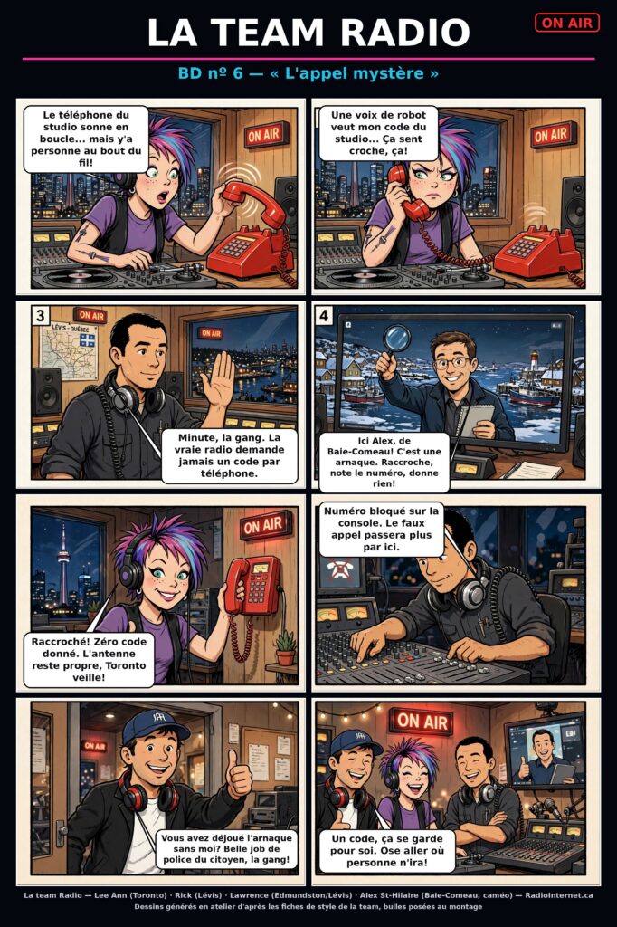 Bande dessinée La team Radio, épisode 6, L’appel mystère : le téléphone du studio sonne en boucle, une voix de robot veut le code du studio, Lee Ann raccroche, Rick bloque le numéro et Alex veille depuis Baie-Comeau.