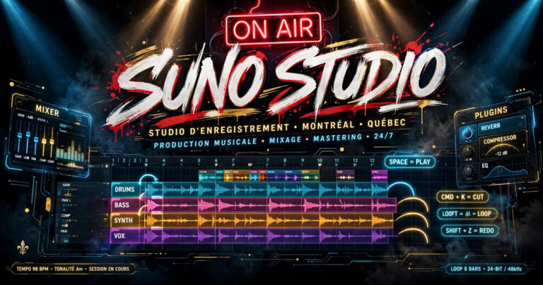 Suno Studio passe à l&rsquo;édition pro : temps juste, étirement sans changer la hauteur, fondus courbés et fenêtres flottantes